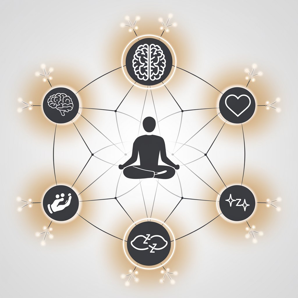 A minimalist illustration of the benefits of meditation, showing icons like a brain, heart, and sleep symbol connected by glowing lines, with a person meditating in the center of the design.