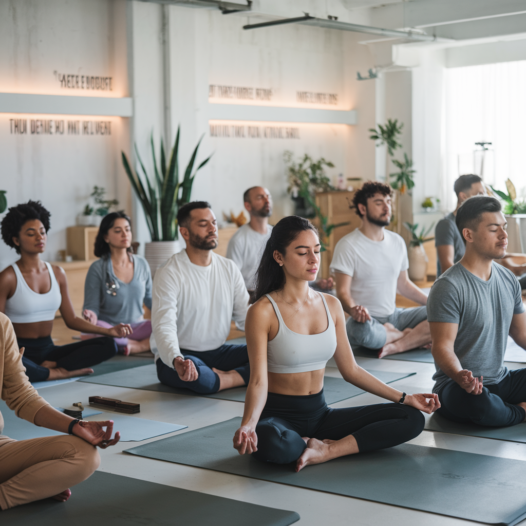 A group of diverse individuals meditating together in a modern studio, highlighting unity and mindfulness, with soft natural light and inspirational quotes displayed subtly on the walls.