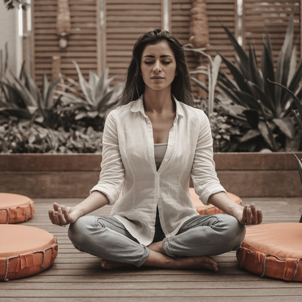 An illustration of a serene meditation scene featuring diverse individuals practicing various types of meditation techniques. The image showcases a tranquil outdoor setting with greenery, a soft sunrise in the background, and participants engaged in mindfulness meditation, transcendental meditation, guided meditation, and yoga-style body scan. Some individuals are seated cross-legged on mats, others walking mindfully, and a few visualizing calming scenarios. The environment exudes peace and harmony, with gentle lighting and a focus on inclusivity.