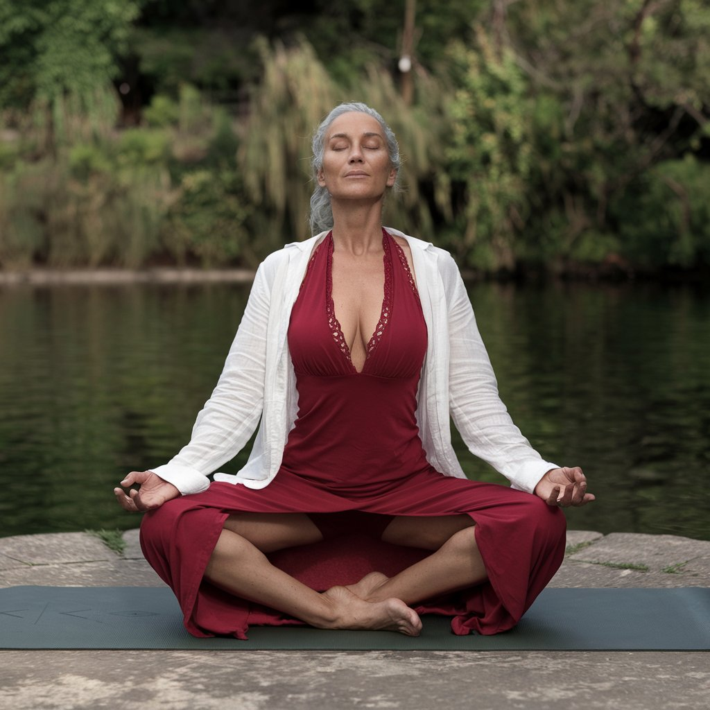 A photo of a sexy mature woman doing yoga and meditation. She is wearing a red dress with a plunging neckline and a white shirt. The woman is standing on a yoga mat and has her eyes closed. The background is a serene outdoor setting with lush greenery and a calm lake.