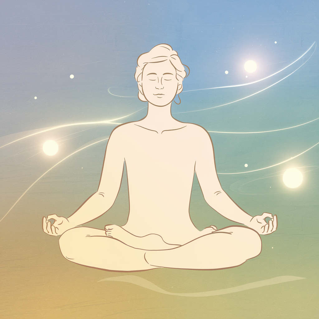 A serene digital illustration of a person sitting cross-legged, eyes gently closed, immersed in mindful awareness. Soft pastel tones of blues, greens, and lavenders create a calming background with subtle, flowing shapes or glowing orbs that symbolize inner peace and a balanced Mindset. The individual’s posture is upright yet relaxed, radiating tranquility and focus. The overall ambiance should feel warm, uplifting, and minimalistic, emphasizing the essence of mindfulness and mental clarity.