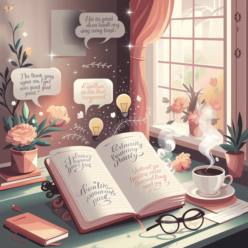 A vibrant and inspiring digital illustration showcasing a collection of motivational quotes. The scene features an open journal or notebook on a stylish desk, filled with beautifully handwritten or calligraphy-style quotes. Surrounding the notebook are decorative elements such as floating quote bubbles, lightbulbs symbolizing ideas, and subtle floral or geometric patterns to add elegance. A warm, natural light filters through a nearby window, casting a cozy and inviting glow. In the background, soft pastel colors blend seamlessly, creating an uplifting and positive atmosphere. Additionally, elements like a steaming cup of coffee, a pair of reading glasses, and a small potted plant enhance the sense of a peaceful and productive environment. The overall composition should evoke feelings of motivation, inspiration, and personal growth, making it perfect for a blog dedicated to empowering and uplifting content