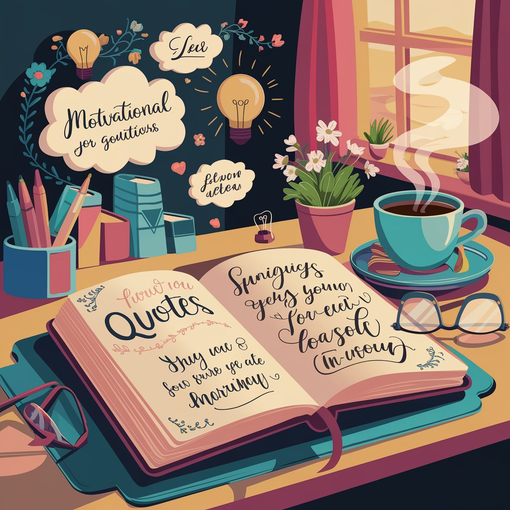 A vibrant and inspiring digital illustration showcasing a collection of motivational quotes. The scene features an open journal or notebook on a stylish desk, filled with beautifully handwritten or calligraphy-style quotes. Surrounding the notebook are decorative elements such as floating quote bubbles, lightbulbs symbolizing ideas, and subtle floral or geometric patterns to add elegance. A warm, natural light filters through a nearby window, casting a cozy and inviting glow. In the background, soft pastel colors blend seamlessly, creating an uplifting and positive atmosphere. Additionally, elements like a steaming cup of coffee, a pair of reading glasses, and a small potted plant enhance the sense of a peaceful and productive environment. The overall composition should evoke feelings of motivation, inspiration, and personal growth, making it perfect for a blog dedicated to empowering and uplifting content