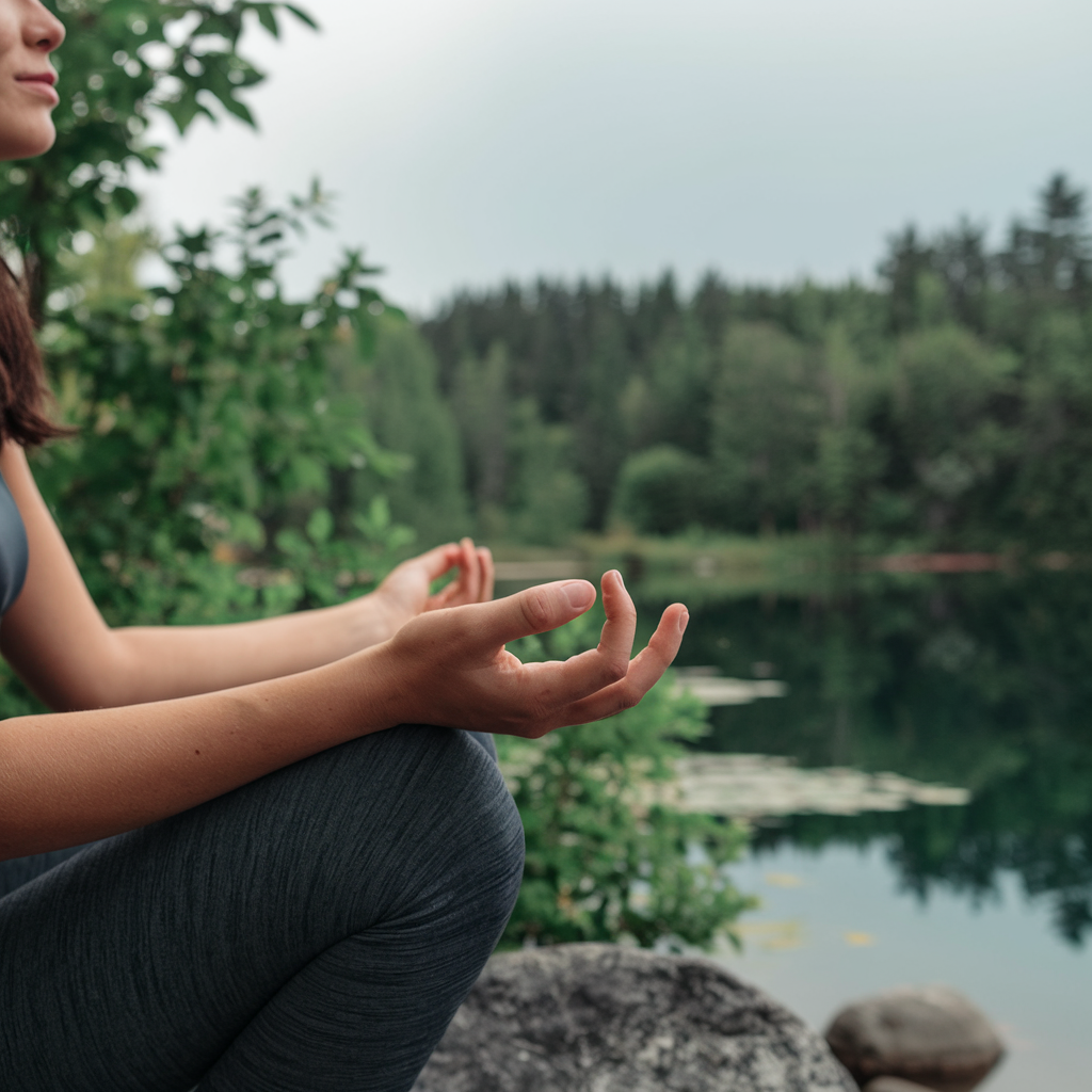 Person practicing positive habits outdoors with a calm expression