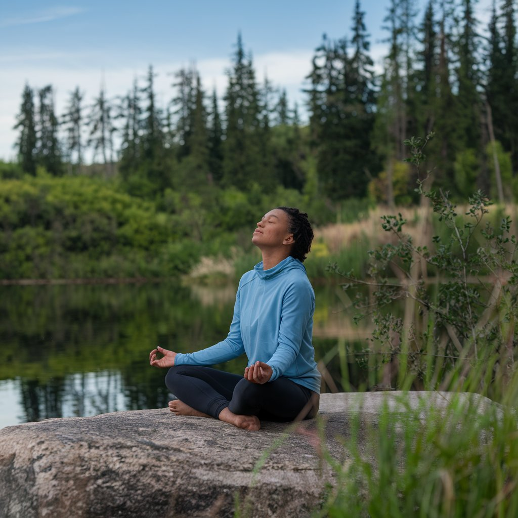 Person practicing positive habits outdoors with a calm expression