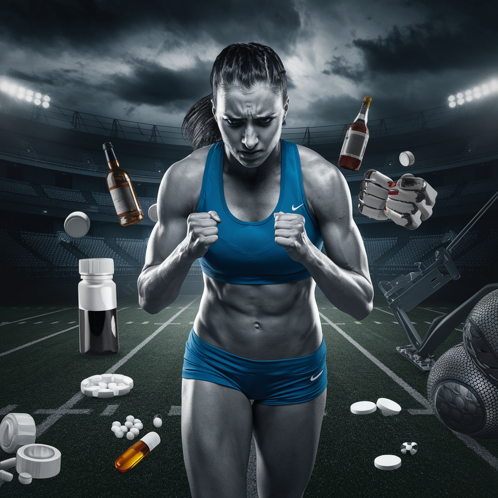 A high-resolution image of a professional female athlete running on a sports field. She is visibly tense, with clenched fists and a worried expression. Surrounding her are symbolic representations of unhealthy coping strategies, such as alcohol bottles, pills, and excessive training equipment scattered around. The background is a sports arena with dim lighting. There are dark clouds and shadows in the background, highlighting the theme of stress and unhealthy coping mechanisms.