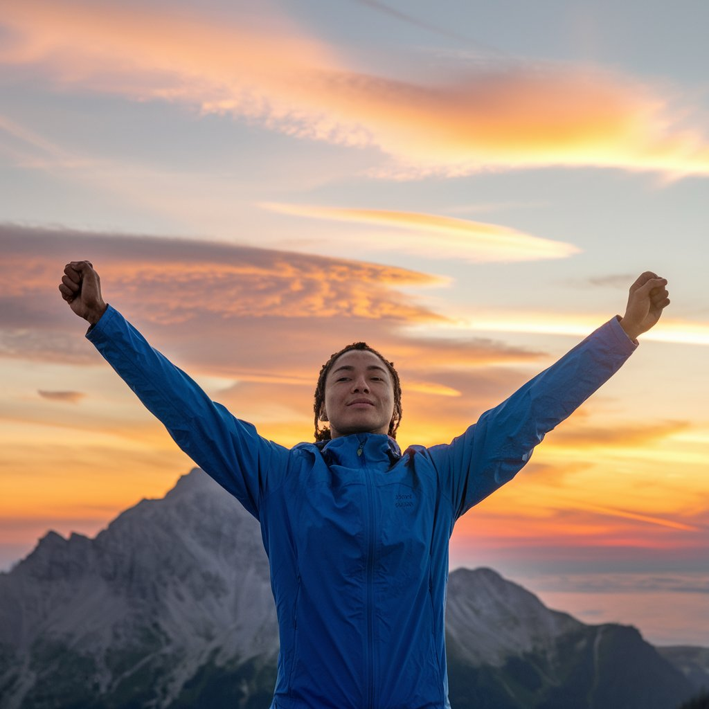 A high-resolution photo of a confident person standing on a mountain peak at sunrise. The individual has a calm and triumphant expression, with arms raised in victory. The background features a vibrant sky with warm colors like orange, pink, and yellow, symbolizing success and achievement. There is a majestic mountain range and clear skies with a few wispy clouds. The overall mood is inspirational and uplifting. Less