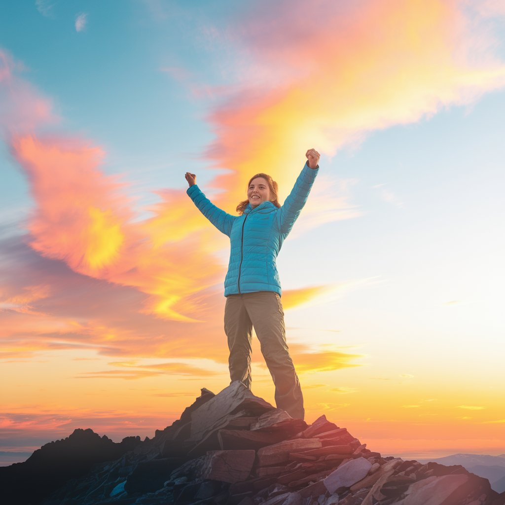 A high-resolution photo of a confident person standing on a mountain peak at sunrise. The individual has a calm and triumphant expression, with arms raised in victory. The background features a vibrant sky with warm colors like orange, pink, and yellow, symbolizing success and achievement. There is a majestic mountain range and clear skies with a few wispy clouds. The overall mood is inspirational and uplifting