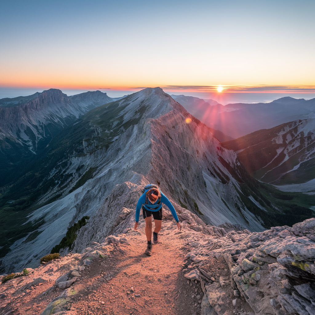 A dynamic scene of a person climbing a steep mountain trail towards a glowing sunrise. The individual is captured mid-stride, exuding determination and resilience. Surrounding them are breathtaking landscapes with rugged peaks, lush valleys, and a clear sky transitioning from night to day. The vibrant colors of the sunrise symbolize new beginnings and the promise of achievement, while the challenging terrain represents the obstacles one must overcome to reach their goals.