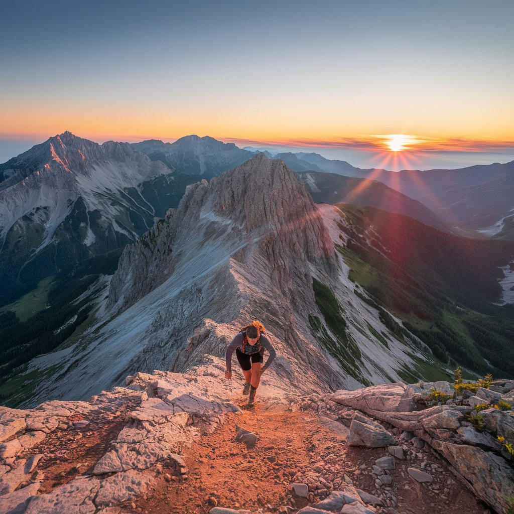 A dynamic scene of a person climbing a steep mountain trail towards a glowing sunrise. The individual is captured mid-stride, exuding determination and resilience. Surrounding them are breathtaking landscapes with rugged peaks, lush valleys, and a clear sky transitioning from night to day. The vibrant colors of the sunrise symbolize new beginnings and the promise of achievement, while the challenging terrain represents the obstacles one must overcome to reach their goals."