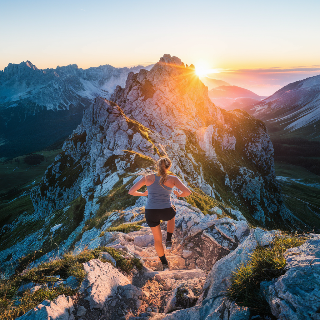 A dynamic scene of a person climbing a steep mountain trail towards a glowing sunrise. The individual is captured mid-stride, exuding determination and resilience. Surrounding them are breathtaking landscapes with rugged peaks, lush valleys, and a clear sky transitioning from night to day. The vibrant colors of the sunrise symbolize new beginnings and the promise of achievement, while the challenging terrain represents the obstacles one must overcome to reach their goals. Motivation