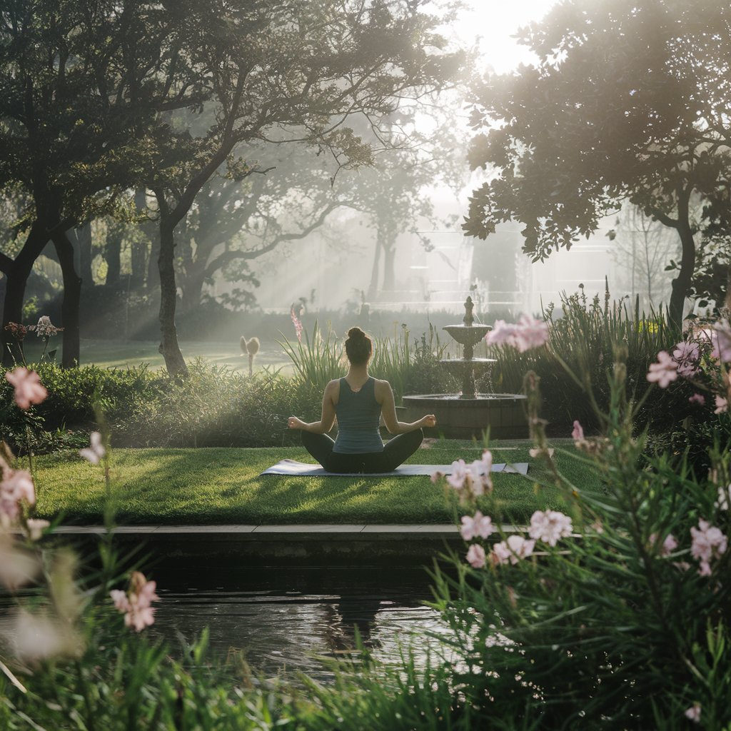 A person meditating in a serene environment, seated cross-legged on a yoga mat in a lush garden. Surrounding them are blooming flowers, a small water fountain, and soft morning light creating a peaceful and tranquil atmosphere.