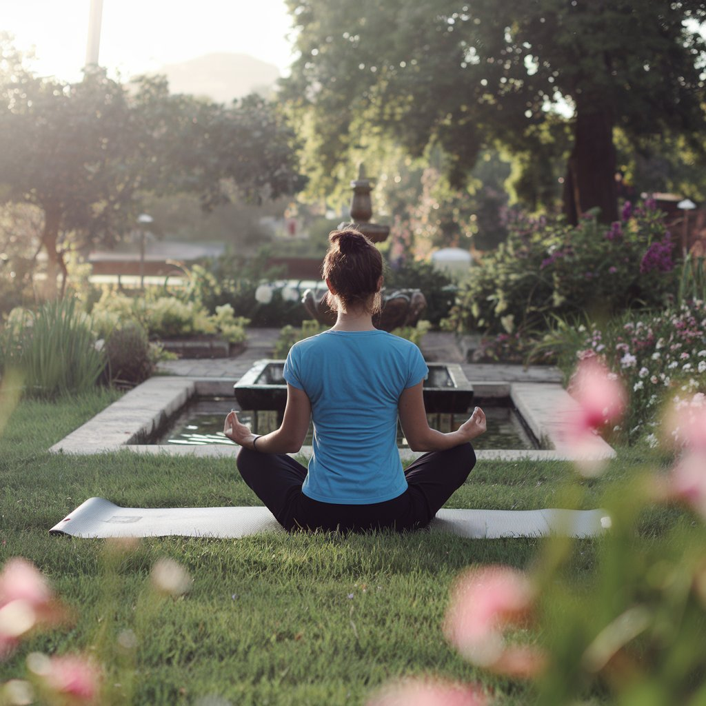 A person meditating in a serene environment, seated cross-legged on a yoga mat in a lush garden. Surrounding them are blooming flowers, a small water fountain, and soft morning light creating a peaceful and tranquil atmosphere.