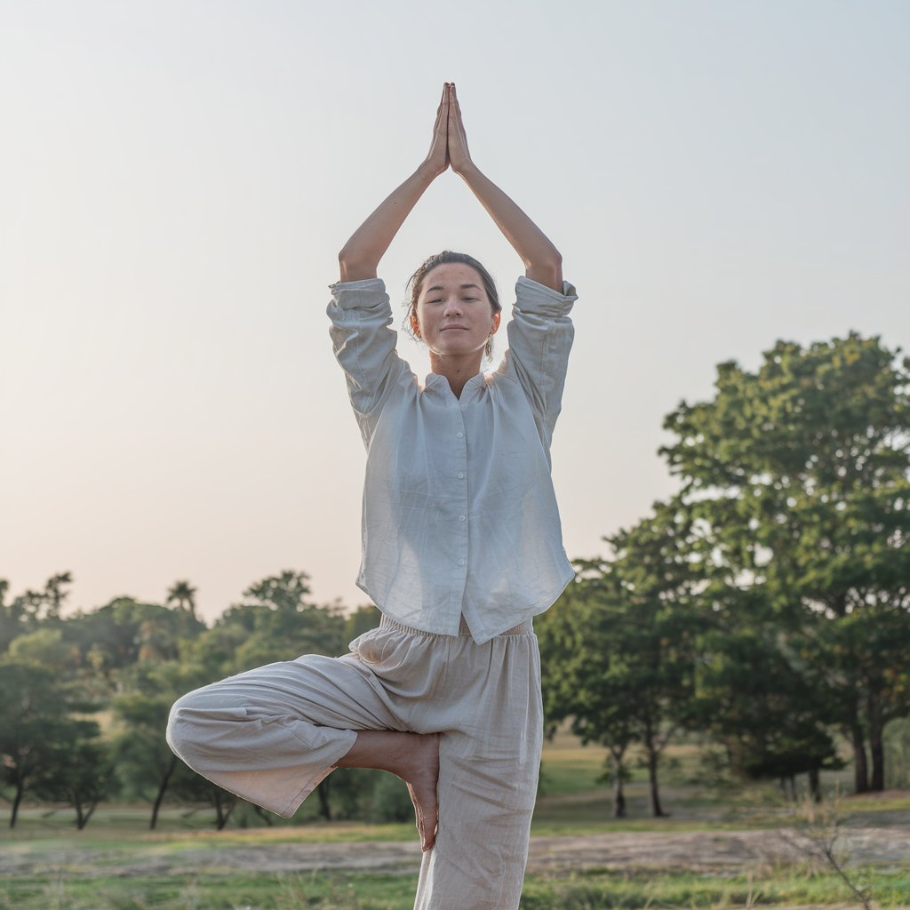 Person practicing yoga outdoors with a calm expression, embodying the essence of yoga for physical and mental well-being.