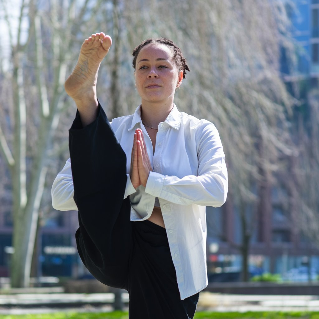 Person practicing yoga outdoors with a calm expression, embodying the essence of yoga for physical and mental well-being.