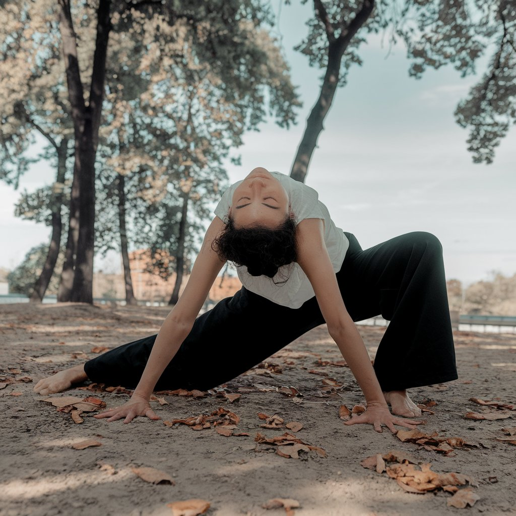 Person practicing yoga outdoors with a calm expression, embodying the essence of yoga for physical and mental well-being.