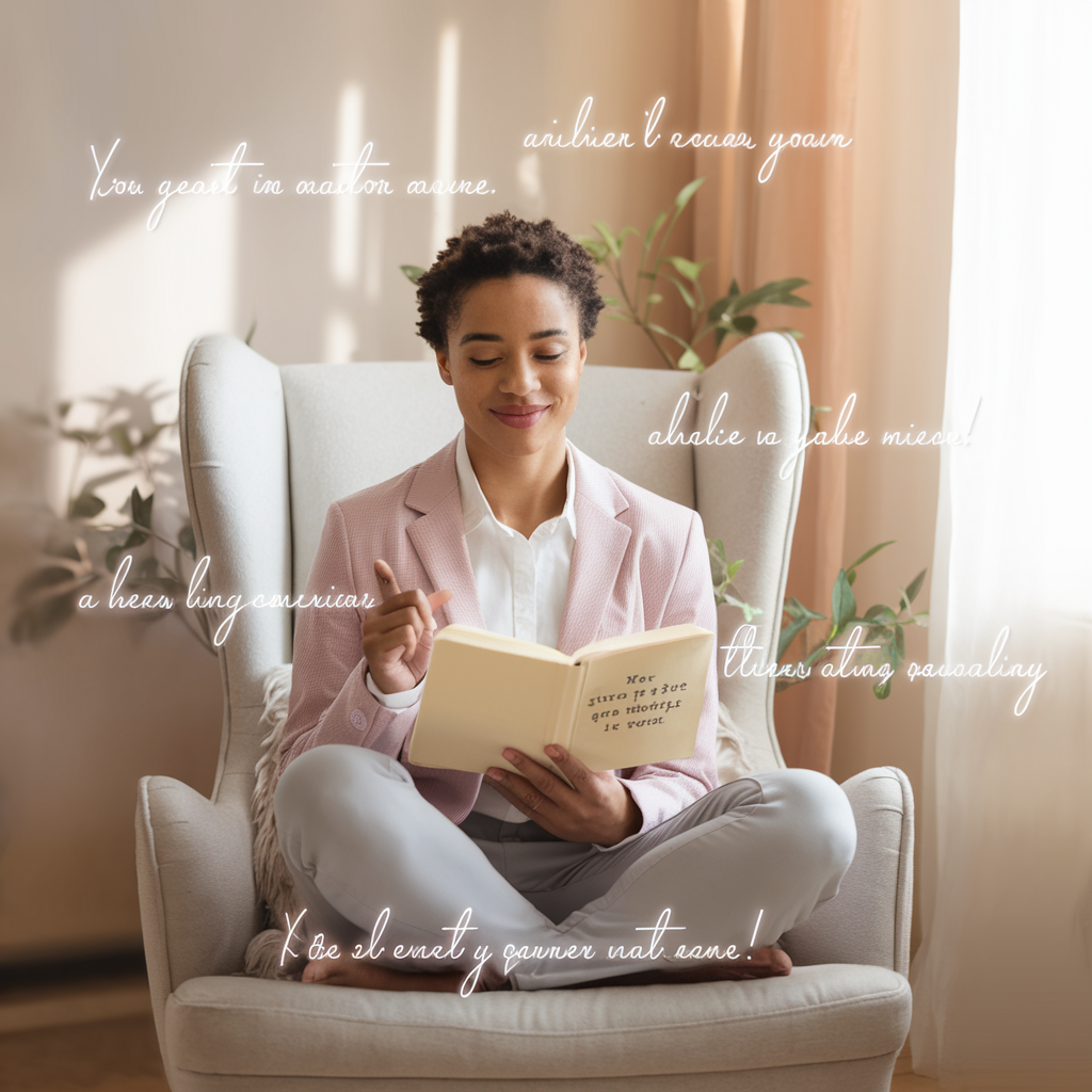 Create a serene and uplifting scene featuring a person sitting peacefully in a cozy, well-lit room. The individual is engaged in practicing affirmations, holding a journal with positive quotes visible on the pages. Surrounding the person are subtle, glowing affirmations written in elegant script, floating gently in the air. Incorporate soft pastel colors to evoke a sense of calm and positivity. Include elements such as a comfortable chair, a small indoor plant, and natural light streaming through a window to enhance the tranquil atmosphere. The overall mood should be inspirational, professional, and friendly, emphasizing personal growth and mental well-being.