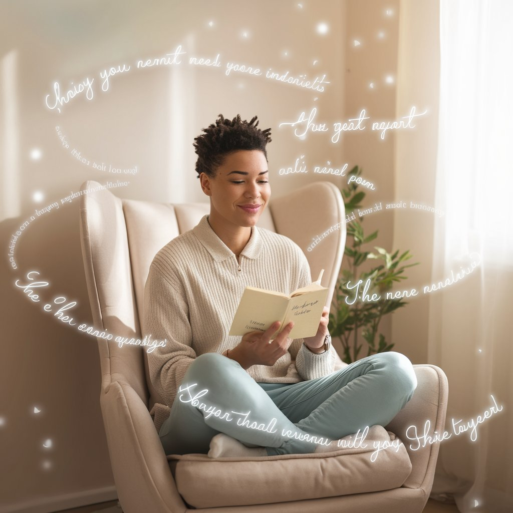 Create a serene and uplifting scene featuring a person sitting peacefully in a cozy, well-lit room. The individual is engaged in practicing affirmations, holding a journal with positive quotes visible on the pages. Surrounding the person are subtle, glowing affirmations written in elegant script, floating gently in the air. Incorporate soft pastel colors to evoke a sense of calm and positivity. Include elements such as a comfortable chair, a small indoor plant, and natural light streaming through a window to enhance the tranquil atmosphere. The overall mood should be inspirational, professional, and friendly, emphasizing personal growth and mental well-being.