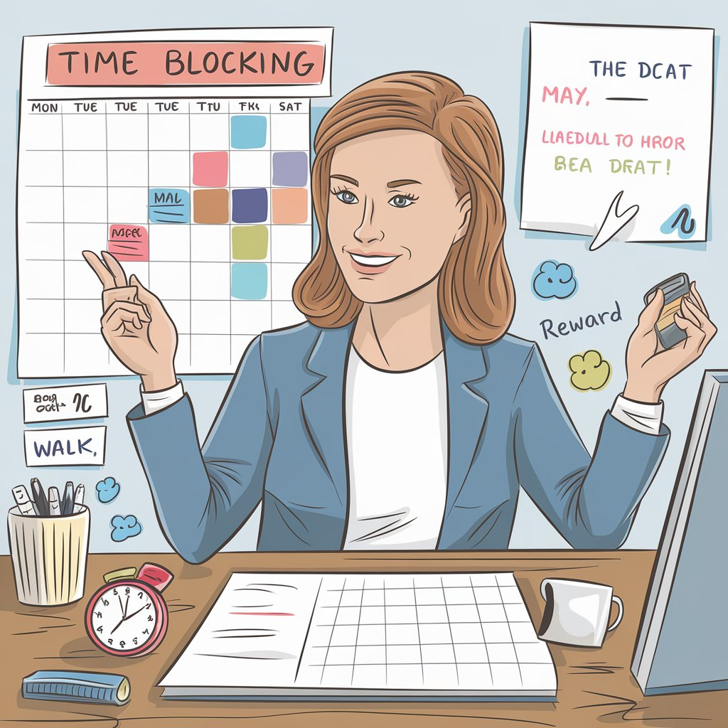 Jane's real-world example with a narrative-style image. Show Jane, a marketing manager, working at her desk using time blocking and gamification techniques. Include elements like a color-coded calendar, a Pomodoro timer, and a reward system (e.g., a small treat or a walk). Depict a satisfied and happy expression on Jane's face to convey increased productivity and job satisfaction. The background should reflect a professional yet personalized workspace with elements that highlight her organized and motivated approach