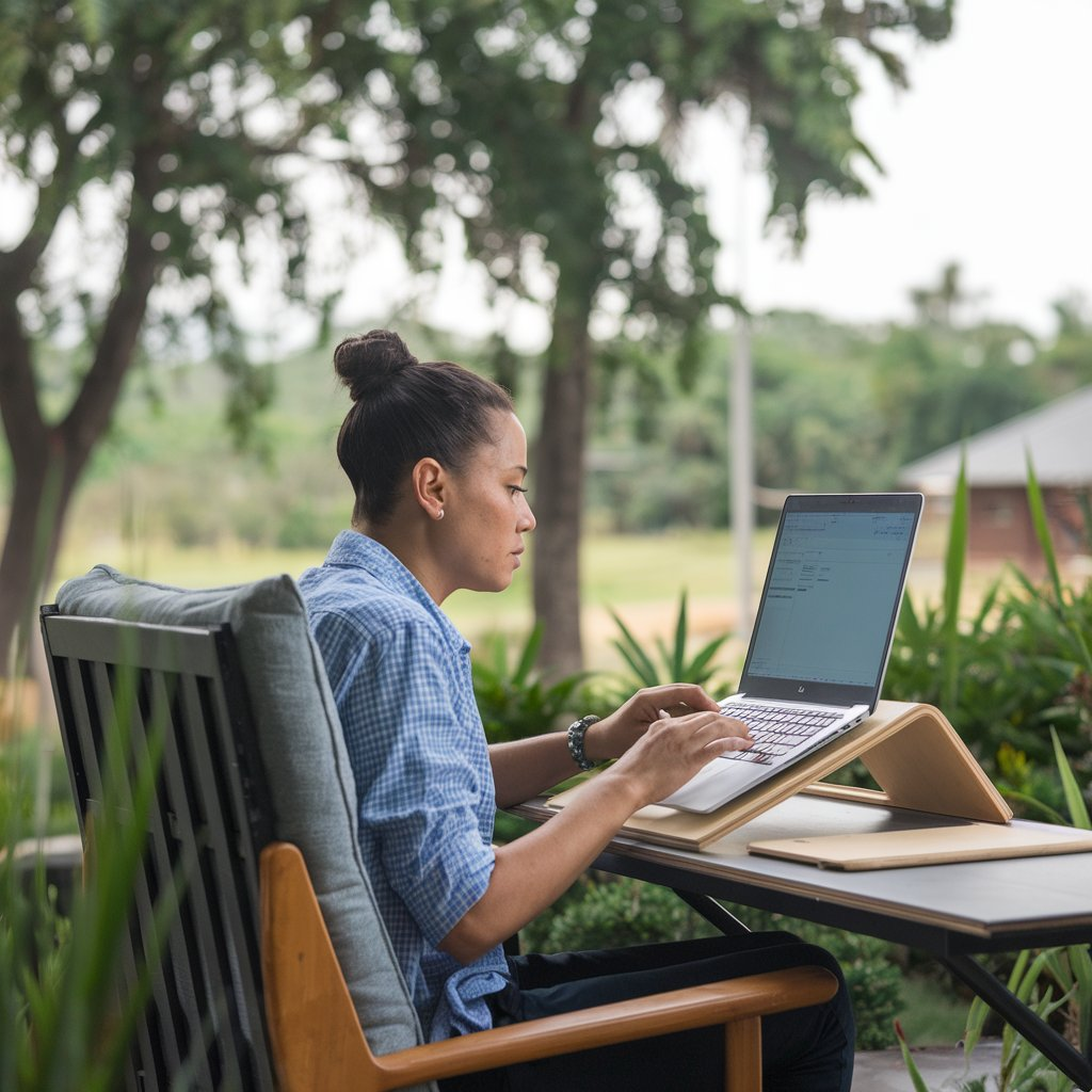 professional and visually appealing feature image for a blog post about productivity. The scene should depict a person working efficiently in a serene outdoor environment. The individual should have a calm and focused expression, seated at a sleek laptop on a tidy workspace setup that includes a planner, a cup of coffee, and some greenery like potted plants or a small tree nearby. Incorporate elements that symbolize balance and efficiency, such as a smartwatch or organizational tools. Use bright and inspiring colors with natural lighting to convey a sense of motivation and well-being. The overall aesthetic should be clean, modern, and inviting, highlighting the theme of achieving high productivity while maintaining a healthy work-life balance.