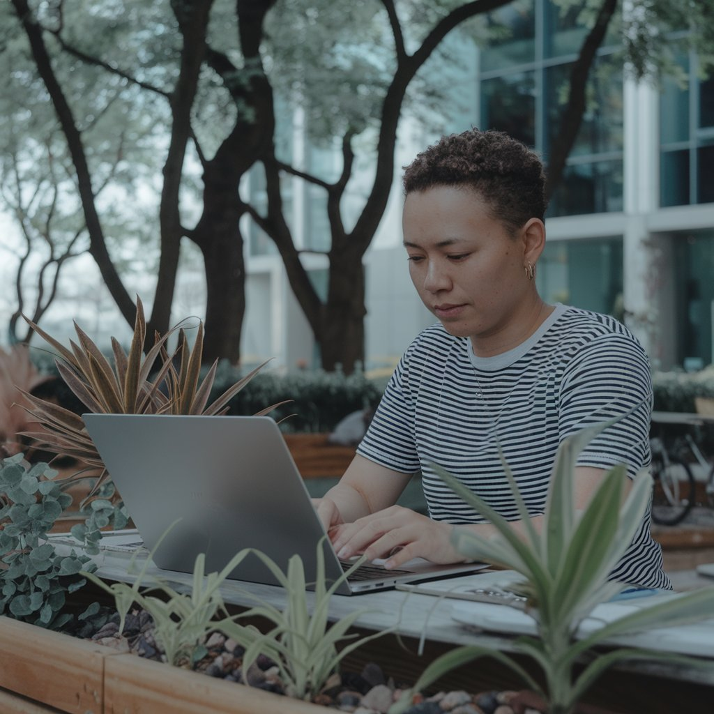 professional and visually appealing feature image for a blog post about productivity. The scene should depict a person working efficiently in a serene outdoor environment. The individual should have a calm and focused expression, seated at a sleek laptop on a tidy workspace setup that includes a planner, a cup of coffee, and some greenery like potted plants or a small tree nearby. Incorporate elements that symbolize balance and efficiency, such as a smartwatch or organizational tools. Use bright and inspiring colors with natural lighting to convey a sense of motivation and well-being. The overall aesthetic should be clean, modern, and inviting, highlighting the theme of achieving high productivity while maintaining a healthy work-life balance.