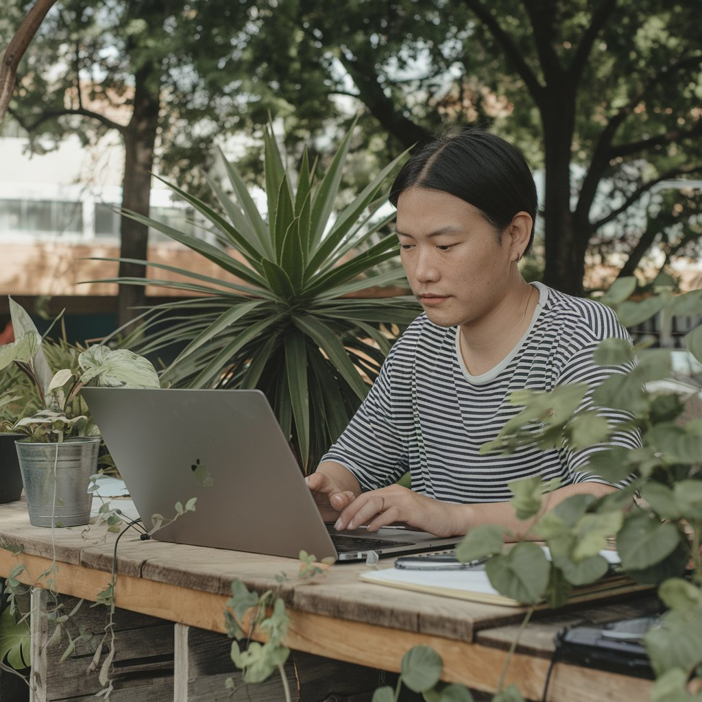 Person practicing productivity outdoors with a calm expression, working on a laptop surrounded by greenery and organized workspace