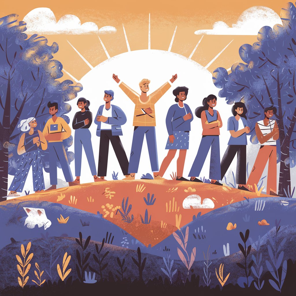 A diverse group of individuals standing together on a sunrise hilltop, symbolizing personal growth and empowerment. The scene is vibrant with warm colors, showcasing a sense of achievement and positivity