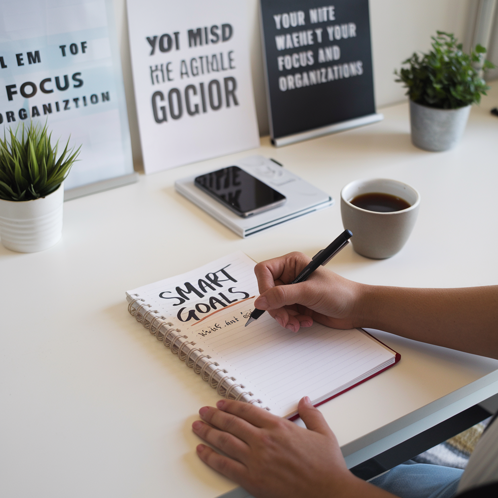 A person writing SMART goals in a stylish notebook with a cup of coffee beside them. The background features a clean workspace with motivational posters, emphasizing focus and organization.