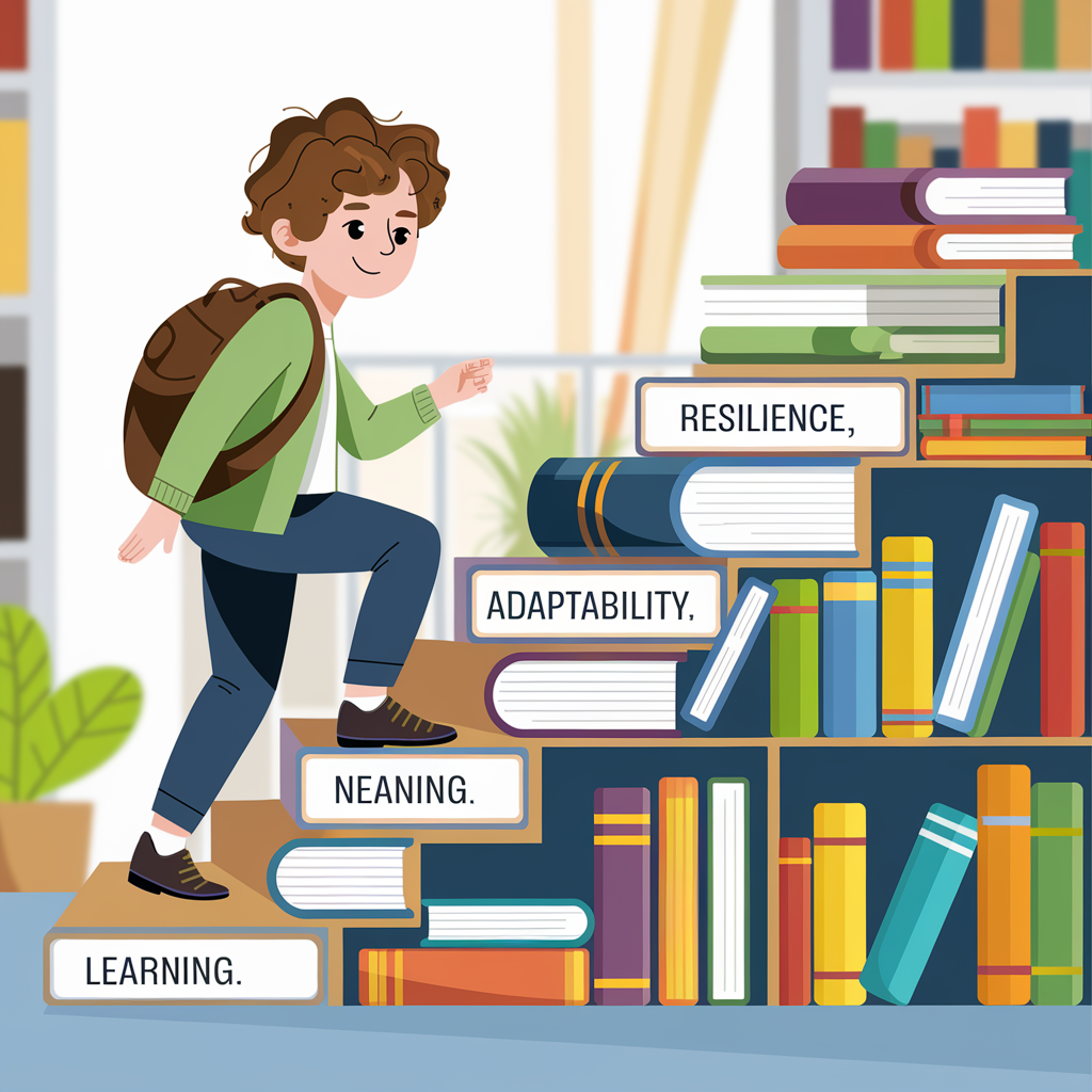 A young professional climbing a staircase made of books, each step labeled with different skills like 'Resilience,' 'Adaptability,' and 'Learning.' The environment is bright and inspiring, symbolizing upward growth.