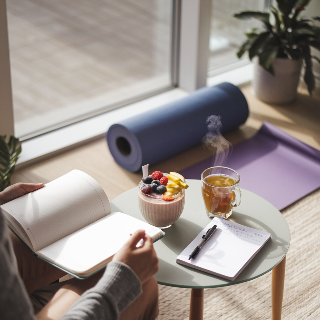 A photo of a cozy living room with a large window letting in soft morning sunlight. A person sits at a small table enjoying a smoothie bowl topped with fresh fruits. There's a journal open with a pen resting on the page, and a cup of herbal tea steaming nearby. Behind them, a yoga mat is rolled out, suggesting a recent workout. The atmosphere is calm and productive. There's a neatly arranged to-do list and a plant adding a touch of greenery. Less