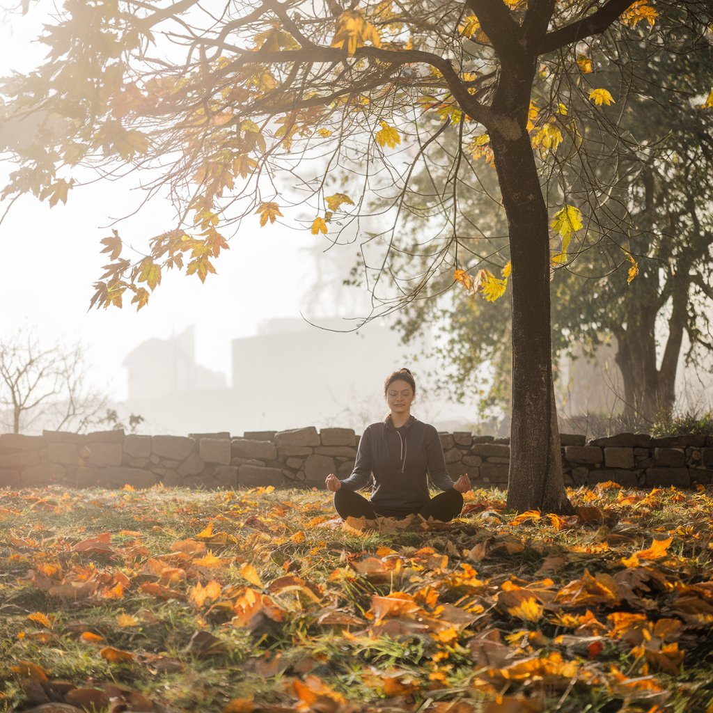 A peaceful outdoor setting with a person meditating in the lotus position under a tree. The atmosphere is serene, with soft sunlight filtering through the leaves, symbolizing clarity and inner peace