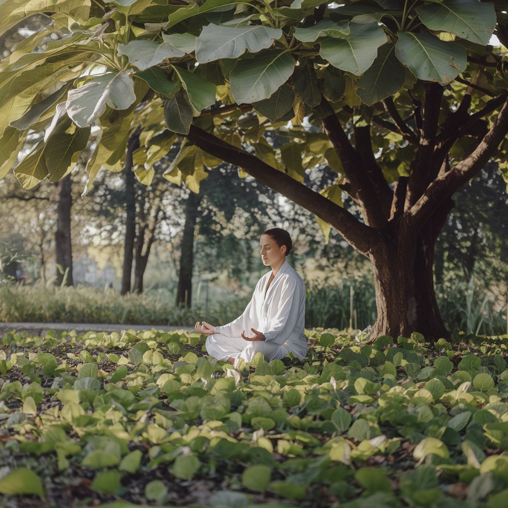 A peaceful outdoor setting with a person meditating in the lotus position under a tree. The atmosphere is serene, with soft sunlight filtering through the leaves, symbolizing clarity and inner peace