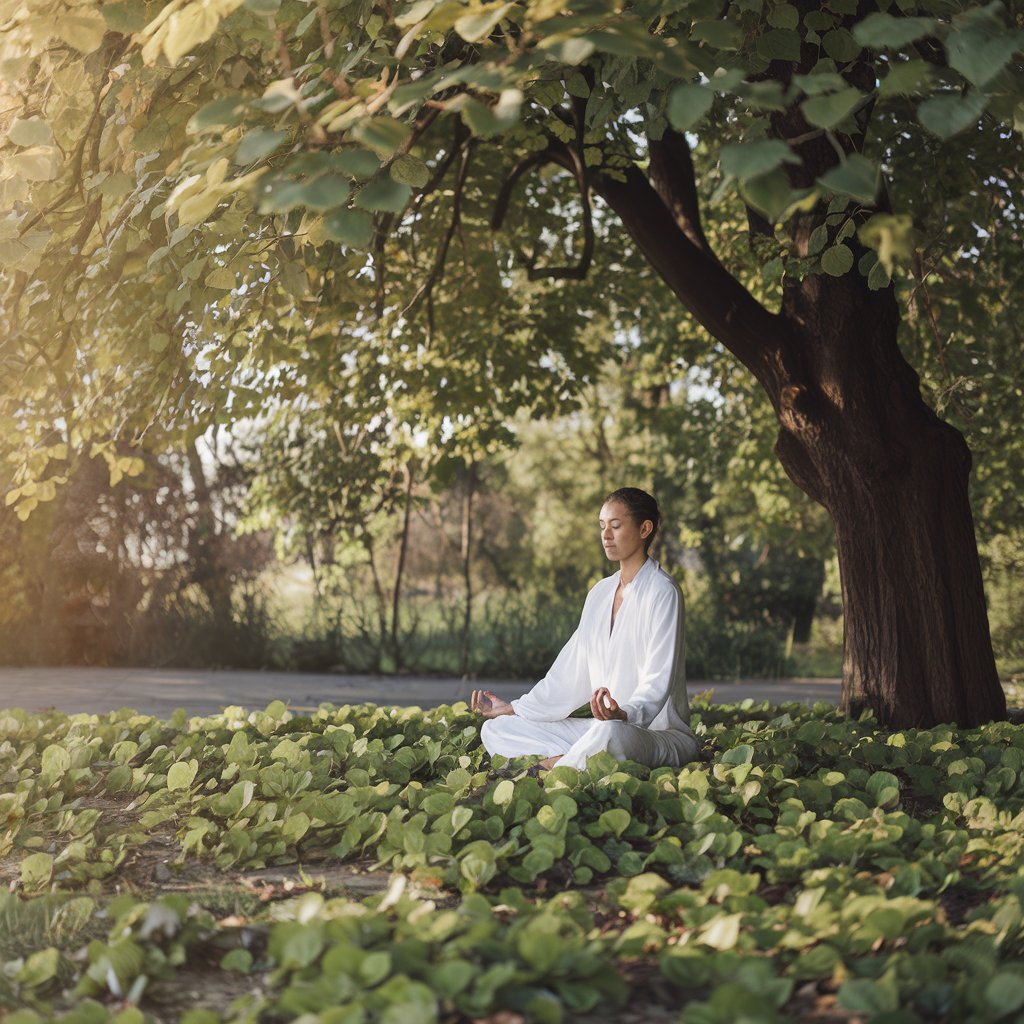 A peaceful outdoor setting with a person meditating in the lotus position under a tree. The atmosphere is serene, with soft sunlight filtering through the leaves, symbolizing clarity and inner peace Transcendental Meditation