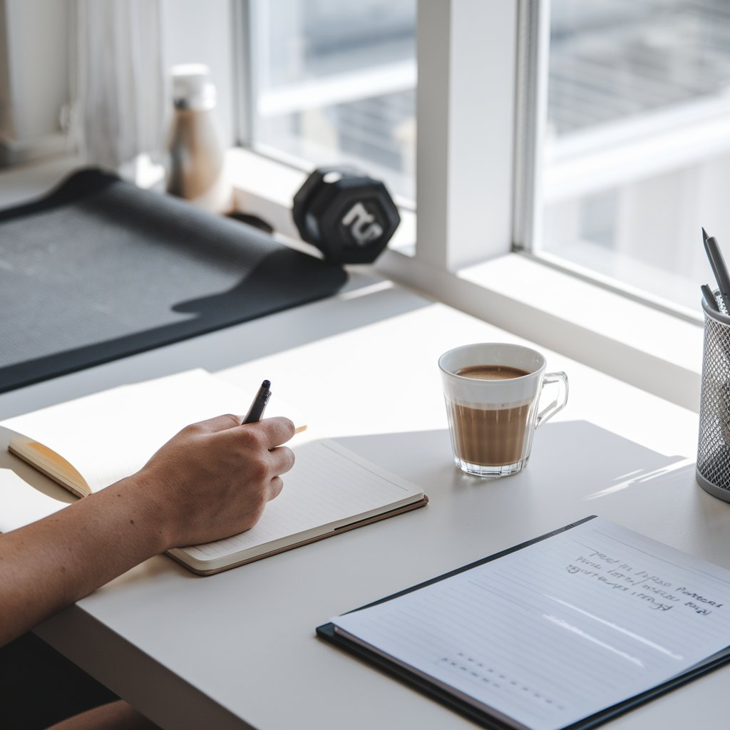 a visually captivating image of a person starting their day with a mindful routine: a clean, organized desk with a journal and coffee, a fitness mat in the background, and natural light streaming in through a window. Incorporate subtle elements of progress, like a habit tracker or motivational quote, to emphasize the theme of developing positive habits