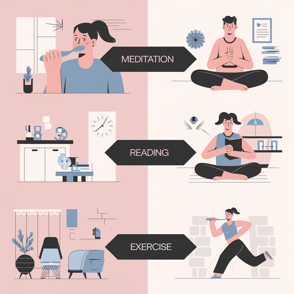 A dynamic illustration of daily activities seamlessly connected (e.g., brushing teeth transitioning to meditation, reading, or exercise) to represent the concept of habit stacking