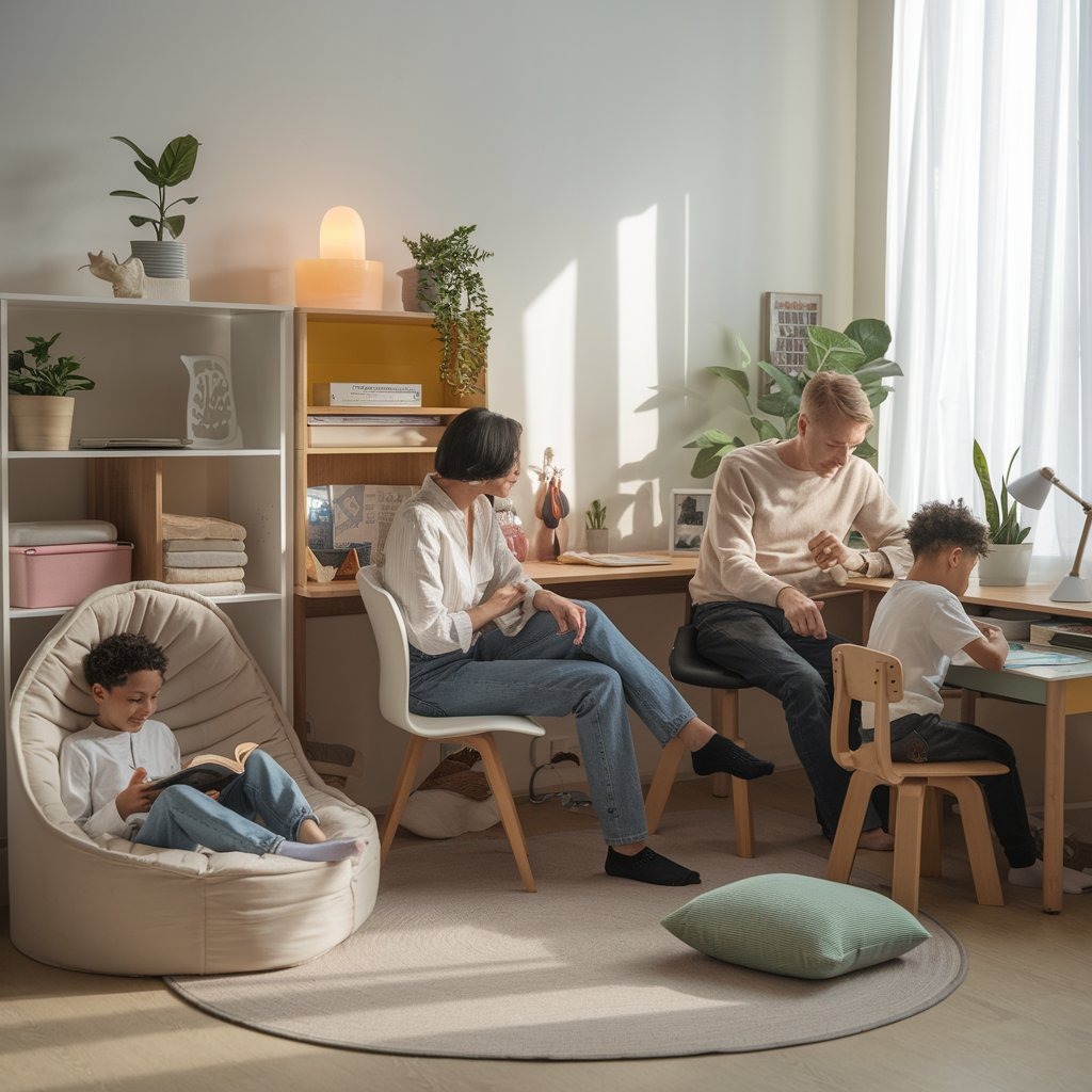  Clear Boundaries Family Structural a warm and harmonious family scene illustrating the concept of 'Clear Boundaries Family Structural.' Show a modern living room where a family sits together. The parents are calmly discussing or working, one child is reading a book in a cozy corner, and another is drawing at a small desk. Highlight personal space with organized areas, such as shelves or dividers, symbolizing clear roles and boundaries. Add elements like natural light streaming in, indoor plants, and soft decor to emphasize emotional well-being and structure. The overall vibe should convey balance, respect, and connection