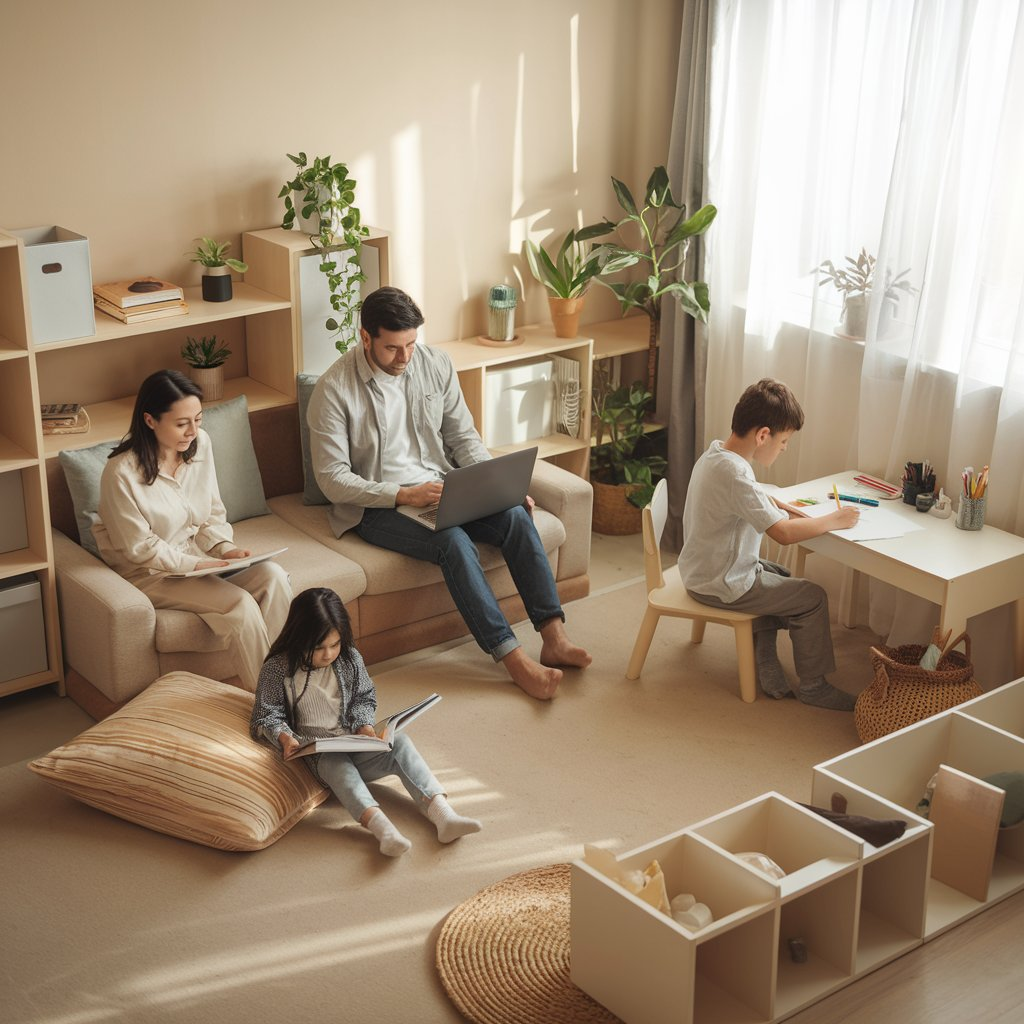 A warm and harmonious family scene illustrating the concept of 'clear boundaries family structural.' Show a modern living room where a family sits together. The parents are calmly discussing or working, one child is reading a book in a cozy corner, and another is drawing at a small desk. Highlight personal space with organized areas, such as shelves or dividers, symbolizing clear roles and boundaries. Add elements like natural light streaming in, indoor plants, and soft decor to emphasize emotional well-being and structure. The overall vibe should convey balance, respect, and connection