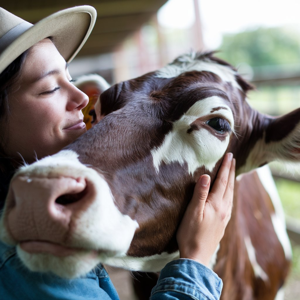 A close-up shot of a person gently petting a cow, showcasing the emotional connection between them. The background includes soft focus elements of a barn and green fields cow cuddle therapy