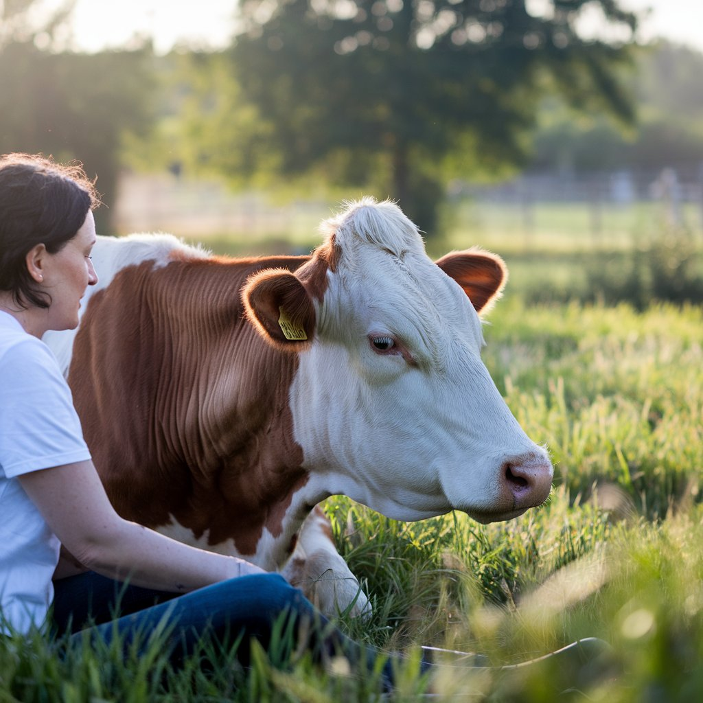 A close-up shot of a person gently petting a cow, showcasing the emotional connection between them. The background includes soft focus elements of a barn and green fields