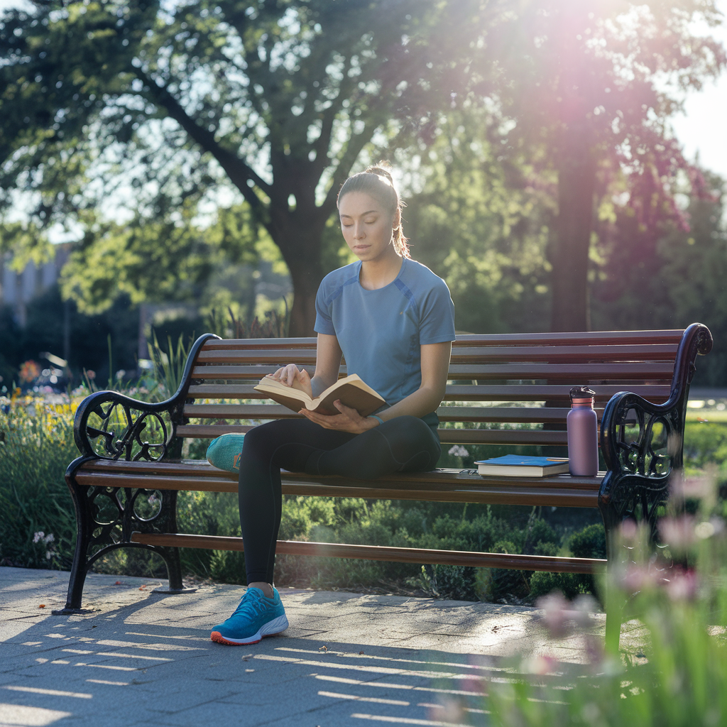 An individual practicing positive habits outdoors, sitting on a peaceful park bench with a book in hand and a journal beside them. The person has a calm and focused expression, symbolizing mindfulness and self-improvement. Sunlight filters through the trees, casting a warm and serene glow. A water bottle and a pair of running shoes are nearby, hinting at a healthy lifestyle. The background features nature elements like greenery, flowers, and a clear blue sky, emphasizing a tranquil and motivating atmosphere.