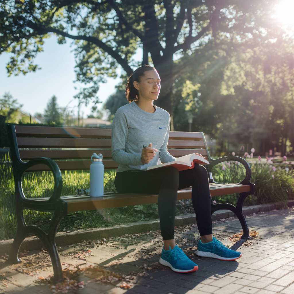 Developing Positive Habits of An individual practicing positive habits outdoors, sitting on a peaceful park bench with a book in hand and a journal beside them. The person has a calm and focused expression, symbolizing mindfulness and self-improvement. Sunlight filters through the trees, casting a warm and serene glow. A water bottle and a pair of running shoes are nearby, hinting at a healthy lifestyle. The background features nature elements like greenery, flowers, and a clear blue sky, emphasizing a tranquil and motivating atmosphere.