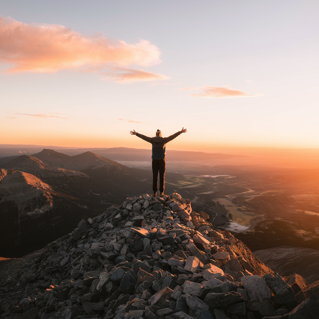 self-improvement tips A person standing on top of a mountain at sunrise, arms outstretched in victory, representing the accomplishment of personal development goals.