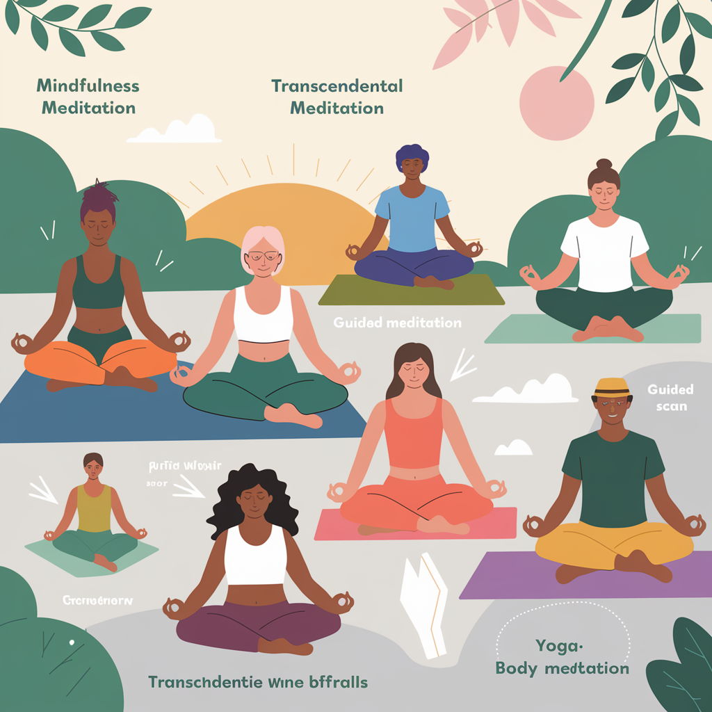 An illustration of a serene meditation scene featuring diverse individuals practicing various types of meditation techniques. The image showcases a tranquil outdoor setting with greenery, a soft sunrise in the background, and participants engaged in mindfulness meditation, transcendental meditation, guided meditation, and yoga-style body scan. Some individuals are seated cross-legged on mats, others walking mindfully, and a few visualizing calming scenarios. The environment exudes peace and harmony, with gentle lighting and a focus on inclusivity.