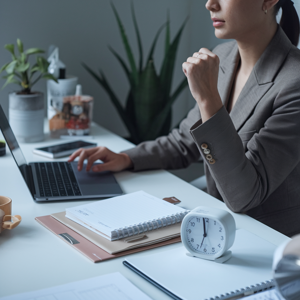 Professional person sitting at an organized desk with a planner, clock, laptop, and Pomodoro timer, illustrating effective time management in a calm workspace.