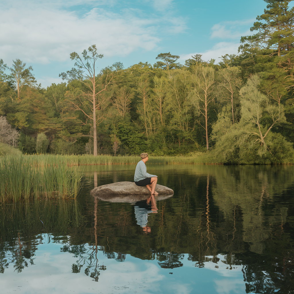 A peaceful individual sitting in a serene outdoor setting, reflecting in a state of mindfulness.