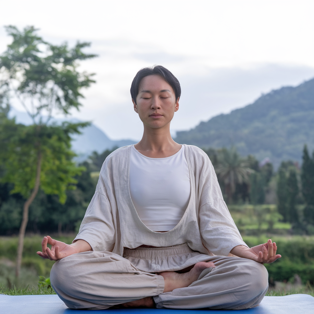 Person practicing yoga outdoors with a calm expression, embodying the essence of yoga for physical and mental well-being.