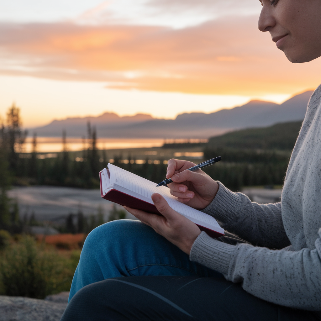 Person practicing building better habits outdoors at sunrise with a journal and a calm expression