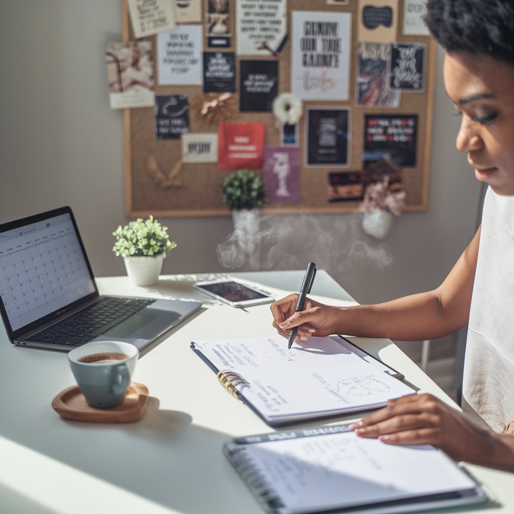 organized workspace bathed in soft morning light. In the center, a focused individual sits at a tidy desk with a planner open, writing down goals and tasks for the day. On one side of the desk, a laptop displays a digital calendar, while a cup of steaming coffee sits beside a small potted plant. In the background, a vision board filled with motivational quotes and images is neatly arranged on the wall. The overall atmosphere is calm, inspiring, and productive—perfectly capturing the essence of "daily habits for success