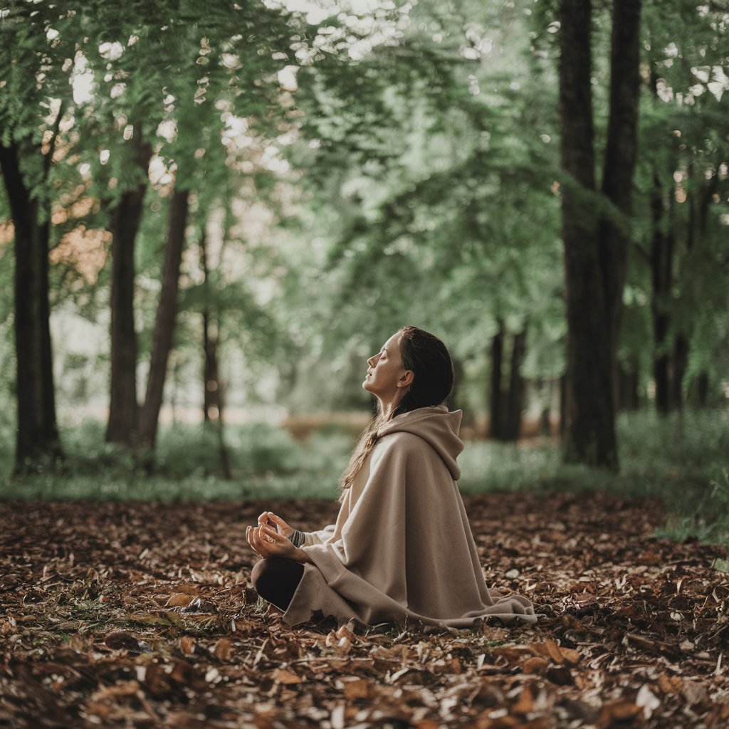 A serene meditation scene featuring a person sitting cross-legged in a peaceful natural environment, such as a tranquil forest or beside a calm lake, with a soft glow of sunlight. The person is in deep meditation, with a relaxed expression, and subtle energy waves emanating from their body, symbolizing the power of meditation mantras. The atmosphere is calm,