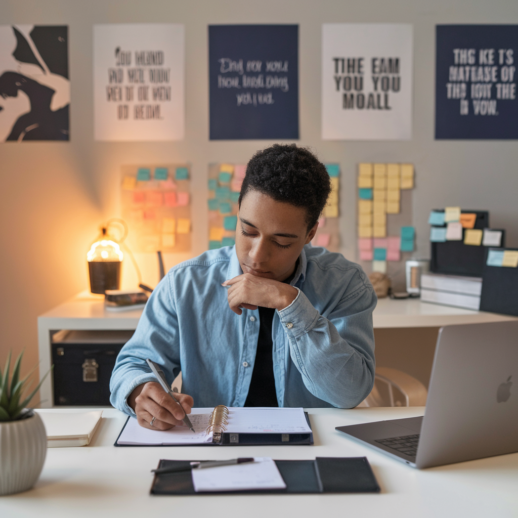 Goal Setting Techniques. The scene should show a focused, determined individual seated at a clean, organized desk with a planner, laptop, and motivational quotes visible. The person should appear engaged in writing or reviewing their goals, with a subtle vision board or sticky notes in the background. The lighting should be warm and inspiring, with a clear sense of structure and progress. Emphasize a calm and productive atmosphere that conveys focus, determination, and clear planning.